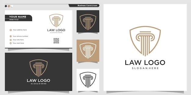 Logotipo de la ley con estilo de escudo de arte lineal y plantilla de tarjeta de visita