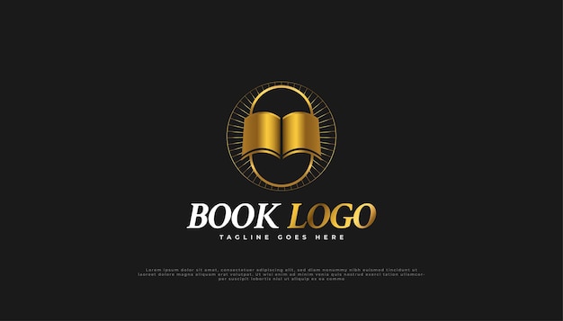 Logotipo de libro de lujo en degradado dorado y estilo vintage.