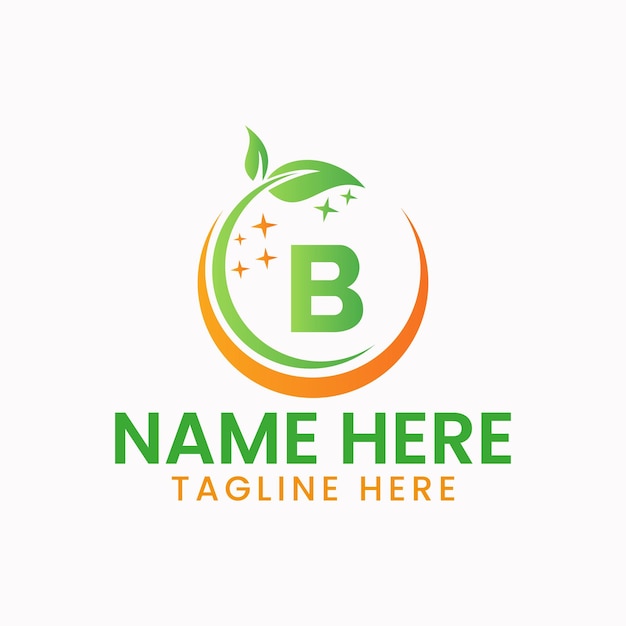 Logotipo de limpieza de la casa de la letra B. Concepto de logotipo de escoba de mucama con símbolo de salpicaduras de agua y hojas