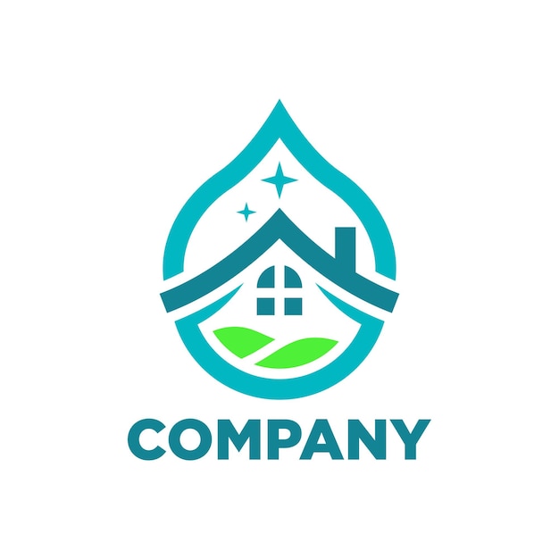Logotipo de limpieza del hogar al aire libre con una combinación de césped de agua e íconos brillantes Logotipo minorista aislado