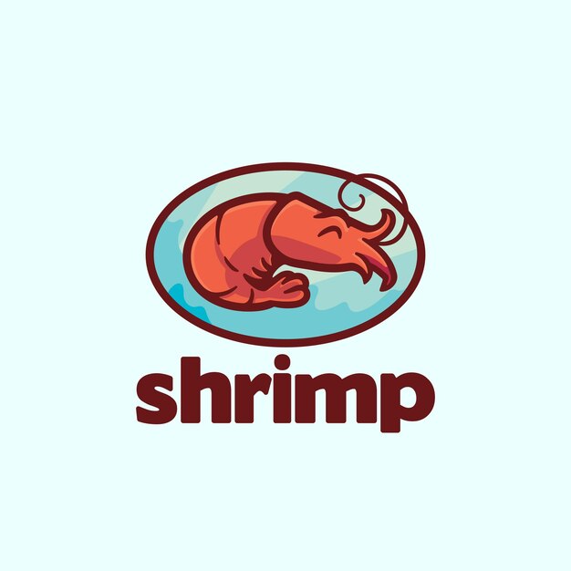 Logotipo linda mascota de dibujos animados personaje un camarón con gracia acurrucado contra un fondo azul océano sereno