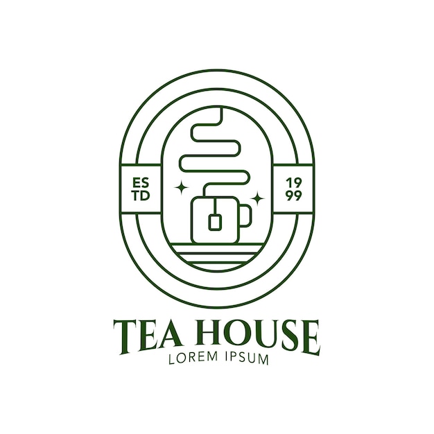 Logotipo de línea de té y cafetería con hoja de té e ilustración de la casa