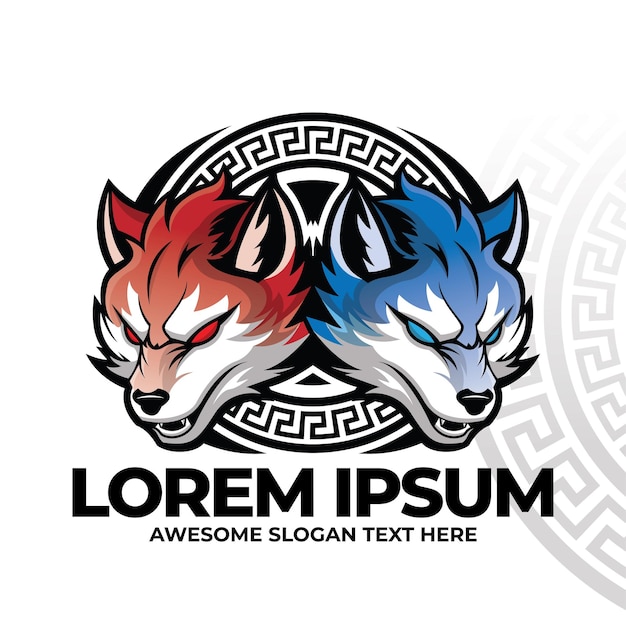 Logotipo del lobo mascota de los lobos logotipo del cerbero logotipo del yin yang icono de fuego y hielo ilustración cálida y fría