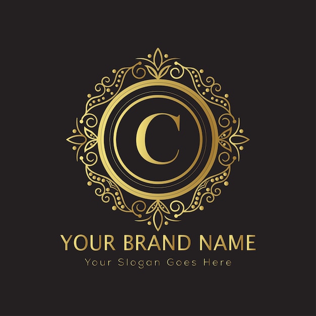 Logotipo de lujo adornado con letra C con marco floral