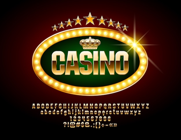 Logotipo de lujo para casino con fuente dorada. Conjunto de símbolos, números y letras del alfabeto real