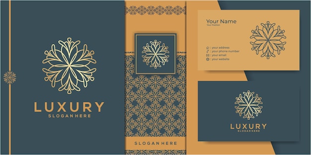 Logotipo de lujo y diseño de empaque dorado patrón de flor de bienestar de lujo natural
