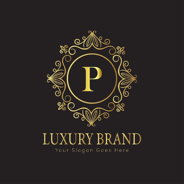 Logotipo de lujo con letra P adornada con marco floral