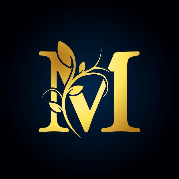 Logotipo de lujo M elegante Logotipo de alfabeto floral dorado con hojas de flores Perfecto para joyería de moda