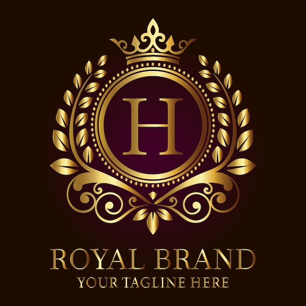 Logotipo de lujo de la marca real con corona dorada de laurel y elegante diseño de la letra H