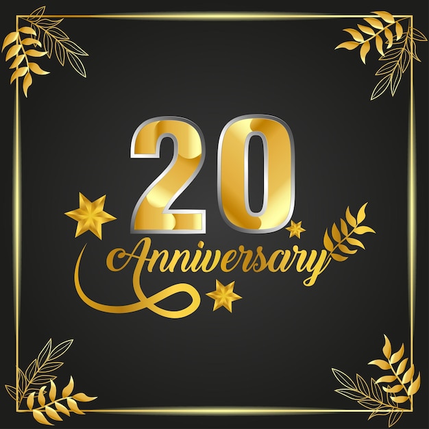 Logotipo lujoso de 20 años. año de aniversario de la plantilla de color dorado vectorial enmarcada de palmas.