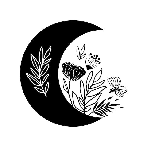 Logotipo de la luna floral Tatuaje de la luna negra de la belleza Dibujo de la mano del vector aislado de la media luna celestial