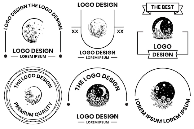 Logotipo de luna con flores en estilo artístico de línea plana aislado en el fondo