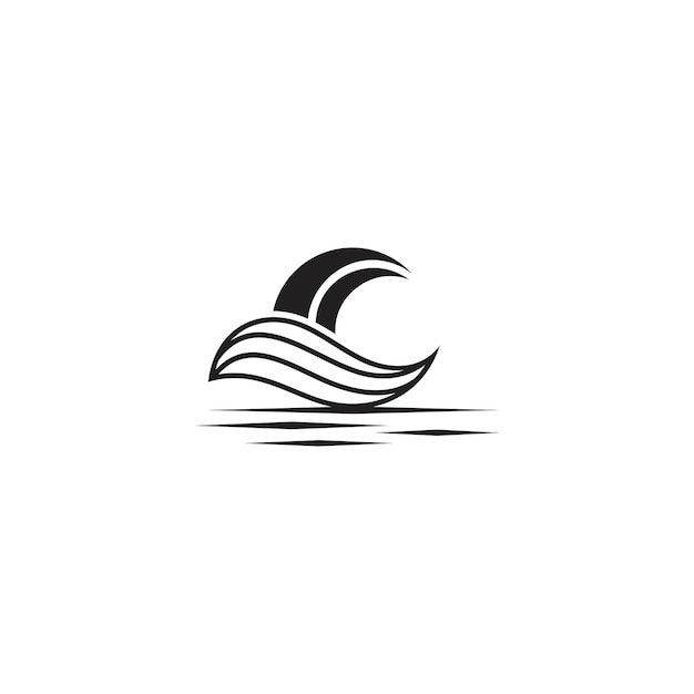 logotipo de luna media con elementos de agua de ola en diseño plano