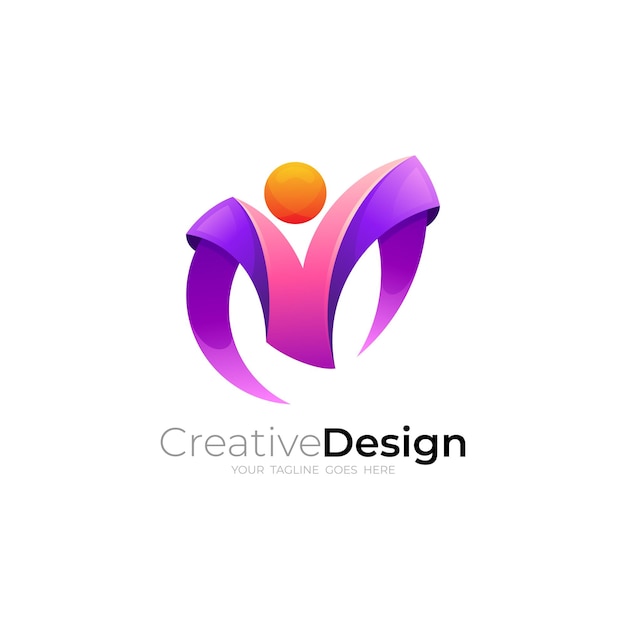 Logotipo M y combinación de diseño de cuidado de personas logotipos sociales