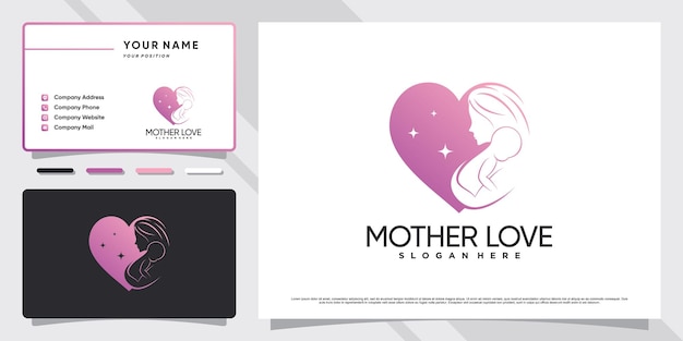 Logotipo de madre y bebé con concepto de corazón o amor y diseño de tarjeta de visita Vector Premium