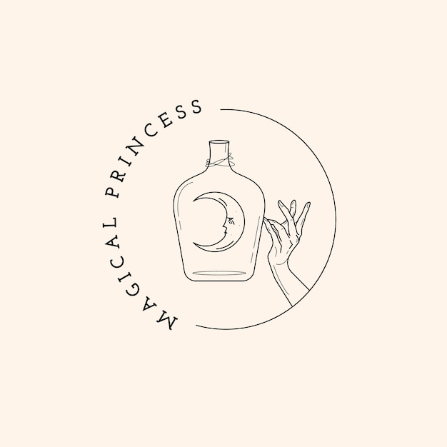 Logotipo mágico de botella, luna y mano.