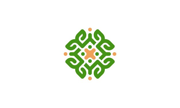 Vector logotipo de mandala con patrón de planta de hoja abstracta en color verde y naranja