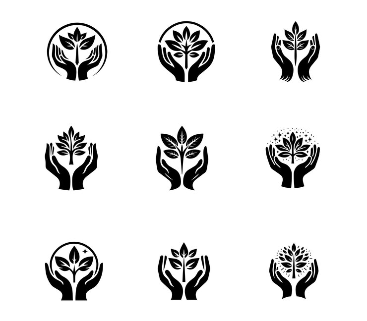 El logotipo de la mano de curación vectorial con la colección de conjuntos de árboles La plantilla de concepto del logotipo de mano de árbol Es un conjunto ecológico