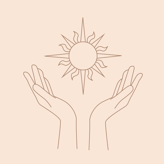 Logotipo de mano femenina en un estilo lineal mínimo logotipo vectorial con mano y sol