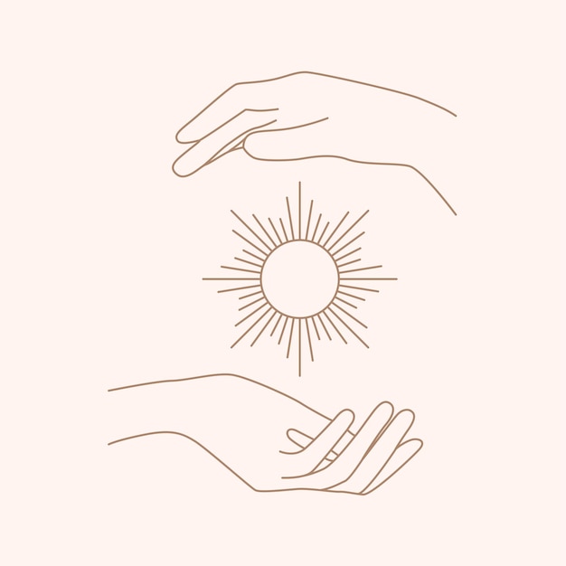 Logotipo de mano femenina en un estilo lineal mínimo Logotipo vectorial con mano y sol