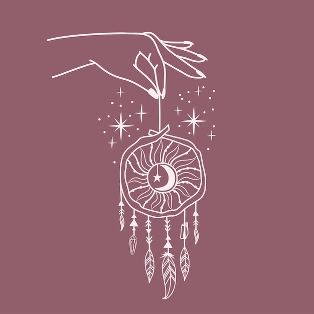 Logotipo de mano femenina con símbolo diferente como estrella espacial y atrapasueños. estilo boho esotérico dibujado a mano. Ilustración vectorial