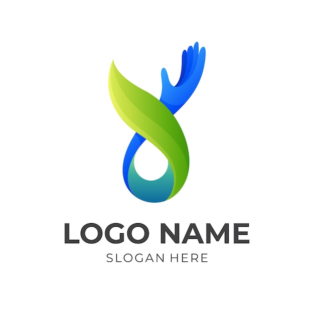 Logotipo de la mano de la naturaleza, mano y hoja, diseño de logotipo combinado con estilo colorido 3d