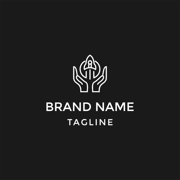 logotipo de mano y plantilla de logotipo de cohete, logotipo de línea y fondo negro