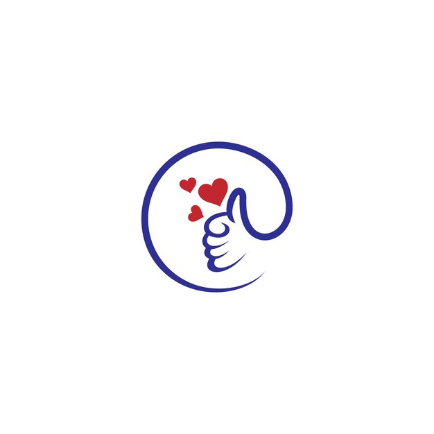 logotipo de la mano con los pulgares hacia arriba con forma de círculo combinación de símbolos de amor en estilo de diseño plano