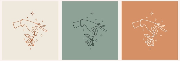 Logotipo de manos femeninas místicas en estilo lineal mínimo diseño de logotipo vectorial plantillas con varios gestos de mano luna estrellas y cristales para cosméticos belleza tatuaje spa manicura joyería