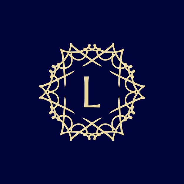 Logotipo del marco de círculo con borde ornamental floral con la letra inicial L.