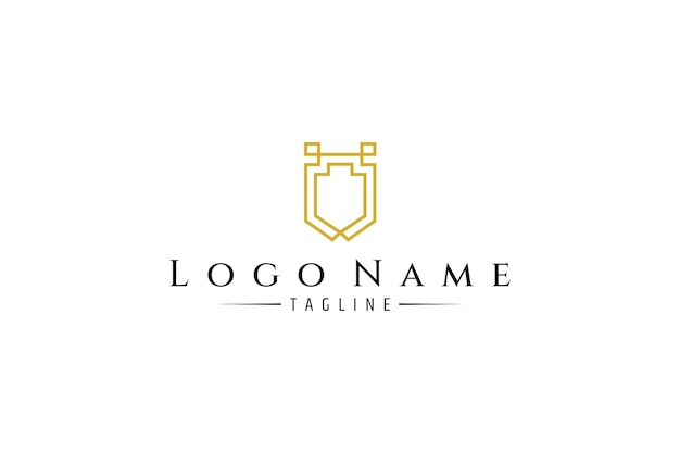 Logotipo del marco del escudo dorado en diseño vectorial de línea de arte de lujo