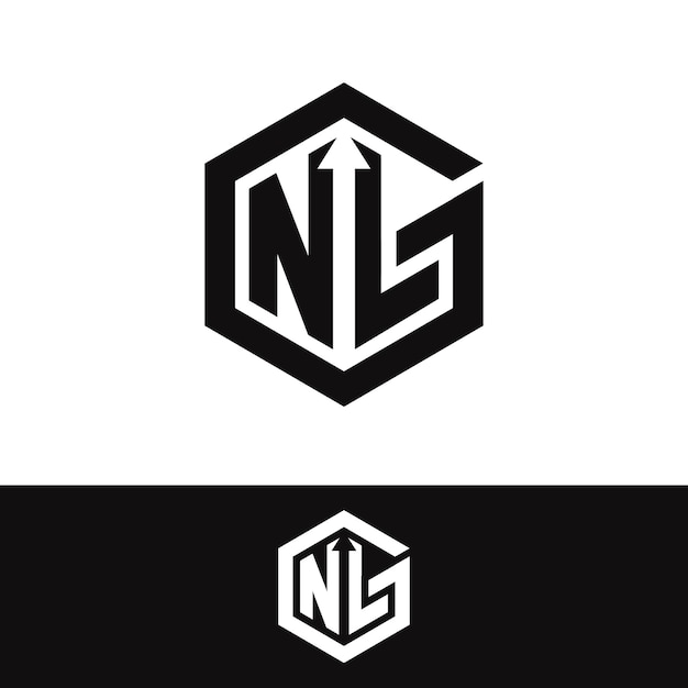 Logotipo con marco hexagonal y flecha NL