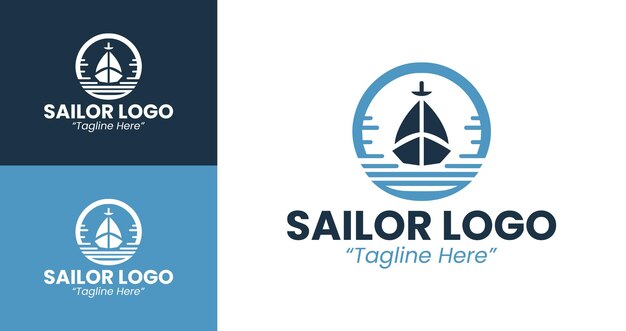 Logotipo de marinero personalizable con diseño azul y blanco limpio para la identidad