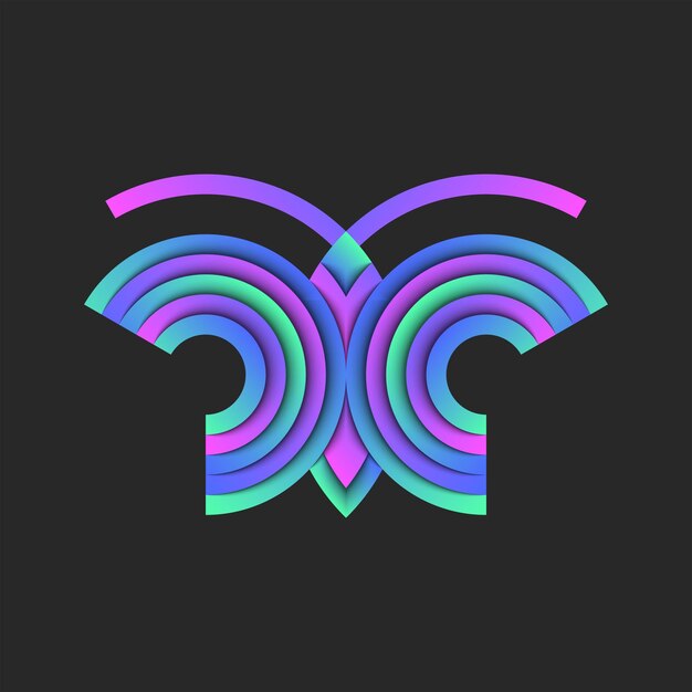 Logotipo de mariposa hecho de capas rayas circulares de papel vibrante en fondo oscuro insecto gradiente brillante con sombras emblema de moda para impresión de camiseta o pegatina diseño creativo