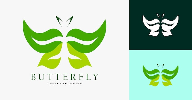 Logotipo de mariposa verde Vector de diseño con hojas Icono de belleza elegante para spa naturaleza cósmica