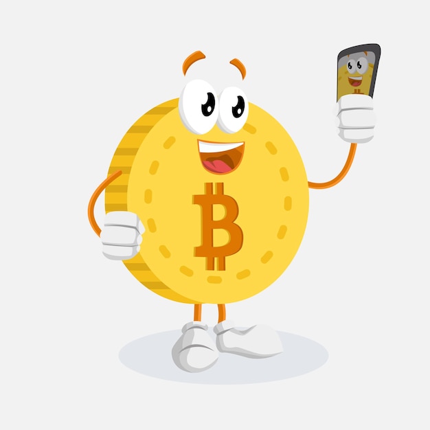 El logotipo de la mascota de Bitcoin con pose de selfie