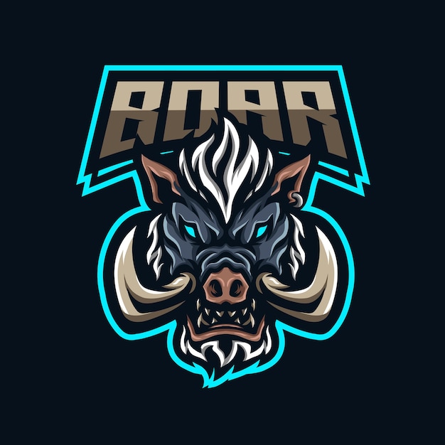 Logotipo de la mascota de cabeza de jabalí con cuerno grande.
