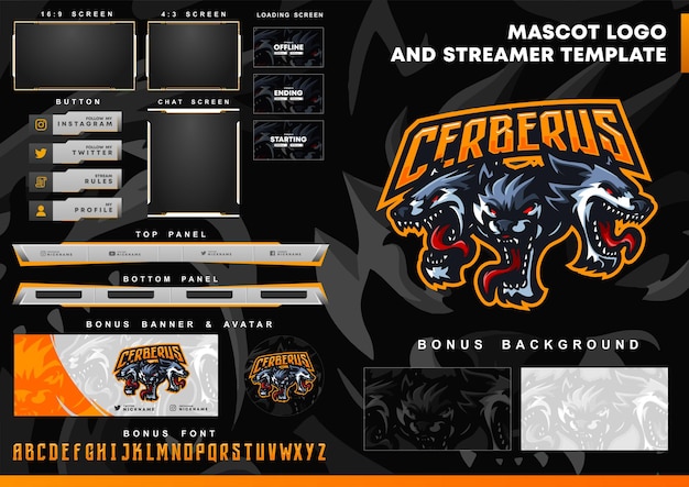 Logotipo de la mascota cerberus wolf y plantilla de superposición de twitch