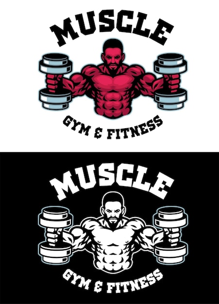 Logotipo de la mascota del culturista con muscle man hold two dumbbell