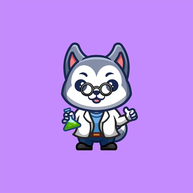 Vector logotipo de mascota de dibujos animados kawaii creativo lindo científico husky