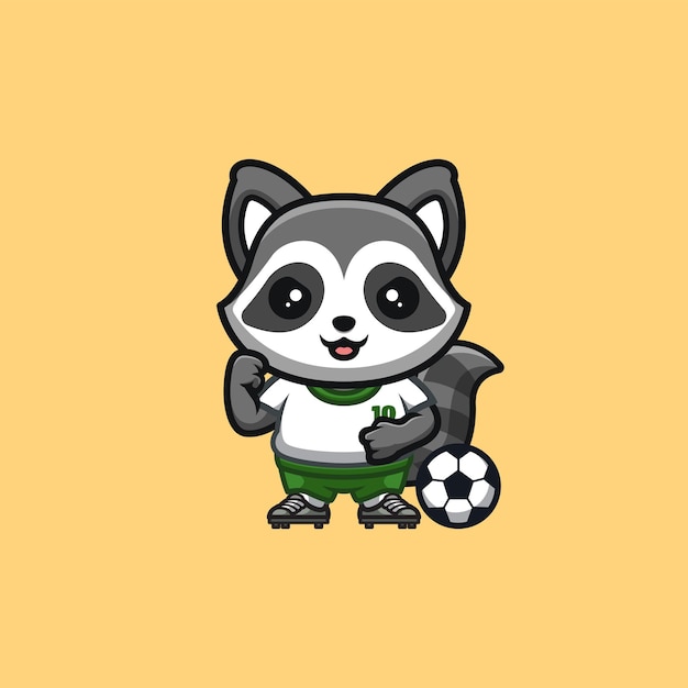 Logotipo de mascota de dibujos animados Kawaii creativo lindo de fútbol de mapache