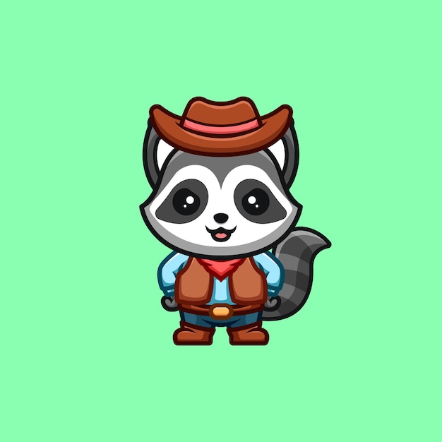 Vector logotipo de mascota de dibujos animados kawaii creativo lindo vaquero mapache