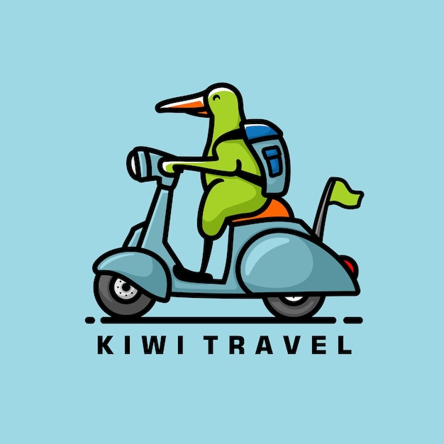 Logotipo de mascota de dibujos animados de scooter de equitación kiwi, estilo de diseño plano