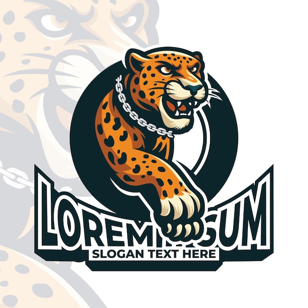 El logotipo de la mascota del gato Jaguar con el collar de la cadena ilustración vectorial la mascote del gato grande el icono del guepardo el tigre