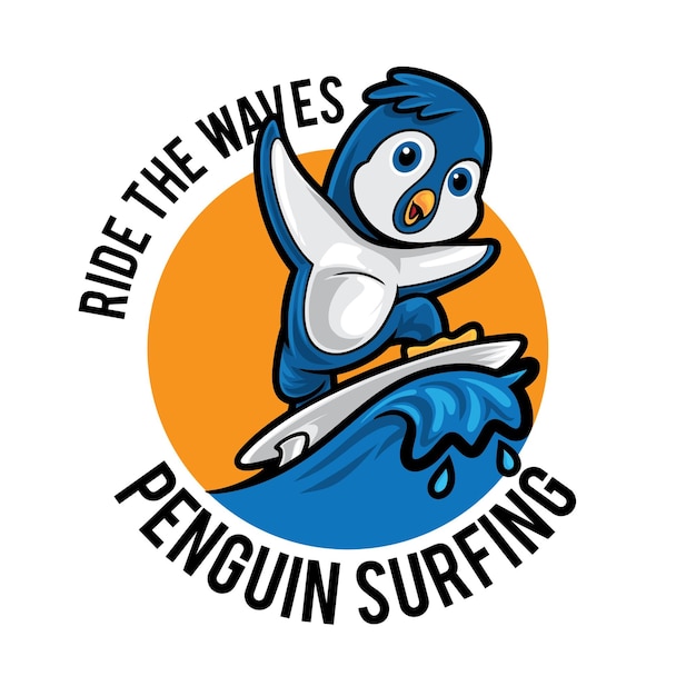 Logotipo de la mascota de la historieta del pingüino surf