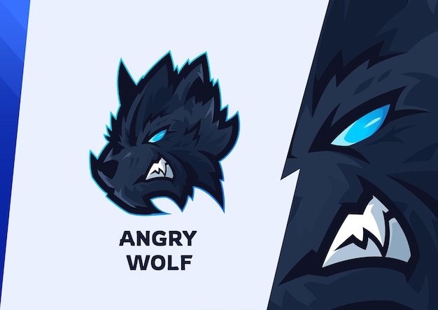 Logotipo de la mascota del lobo negro de los ojos azules enojados del vector