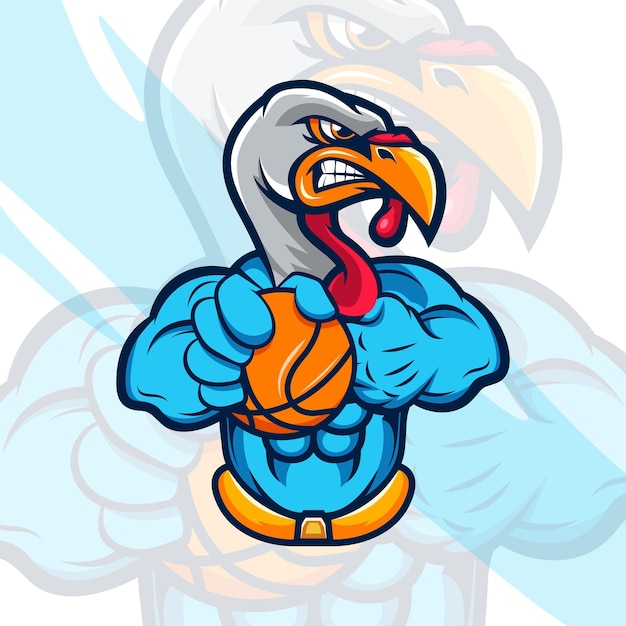 logotipo de mascota pavo con baloncesto