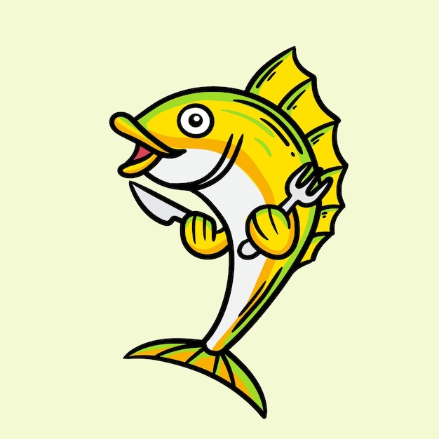 Logotipo de la mascota de pescado con un cuchillo y un tenedor sobre fondo blanco.