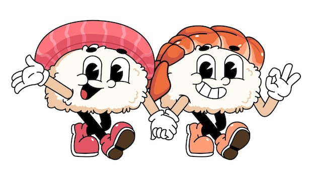 Logotipo de mascota de sushi retro Sushi de atún Sushi Maguro sushi caminando junto con sushi de salmón