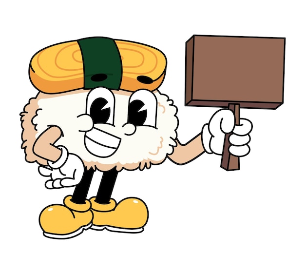 El logotipo de la mascota de sushi retro tamago sushi sostiene un letrero de madera